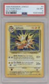 Jolteon from the 1999 Pokemon set featuring a No Symbol parallel graded by PSA and given an overall grade of 6.