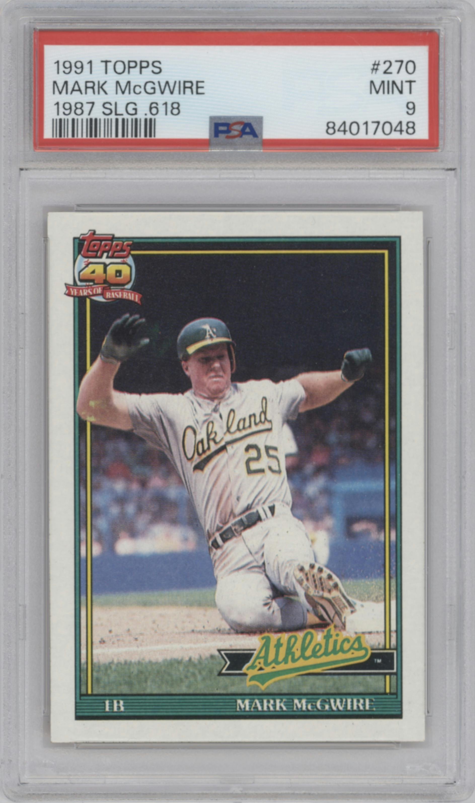 Mark McGwire from the 1991 Topps set featuring a Variation parallel graded by PSA and given an overall grade of 9.