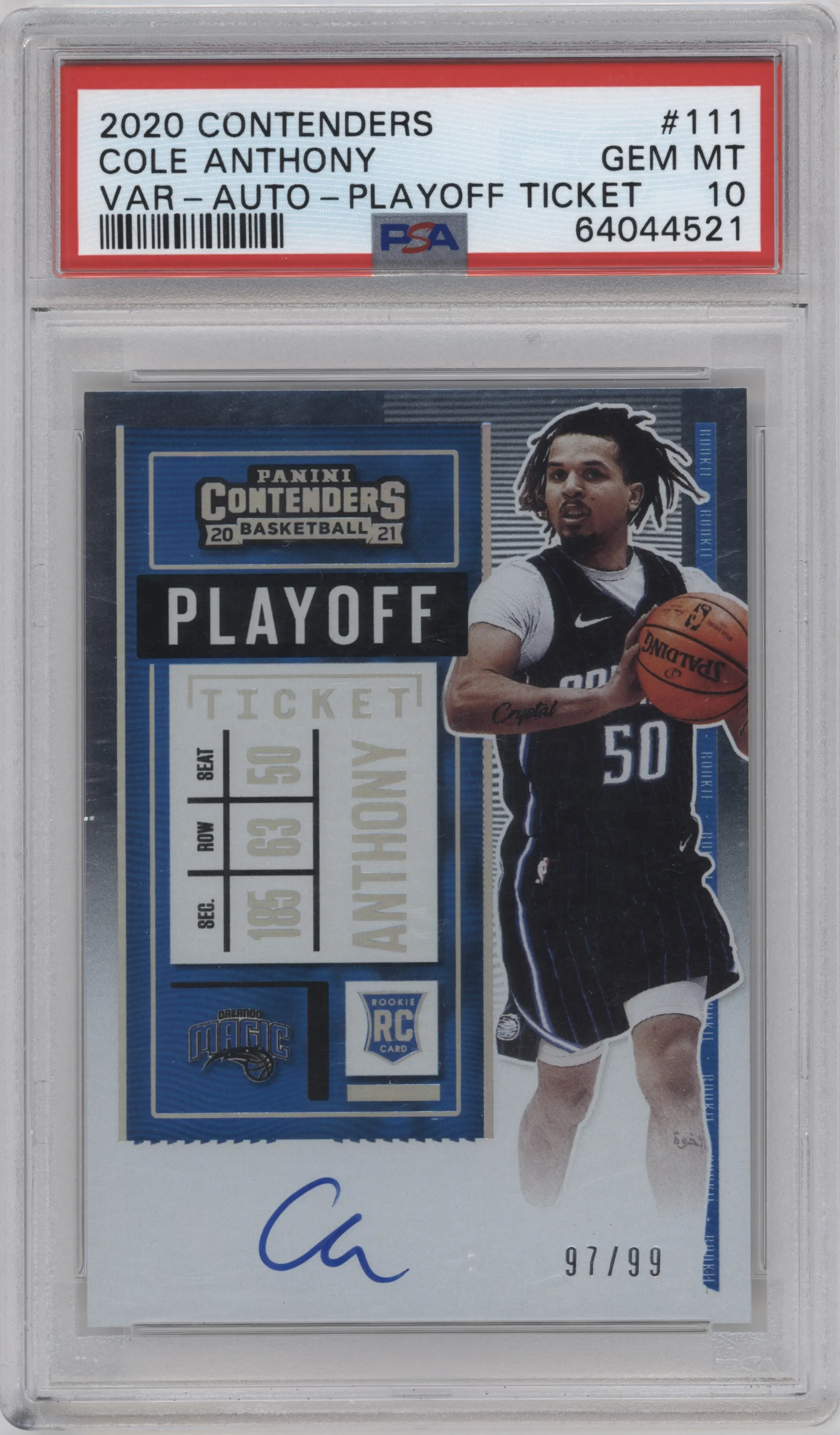 2020 Panini Contenders Rke.Tkt.Var.Auto Cole Anthony Playoff Ticket PSA 10