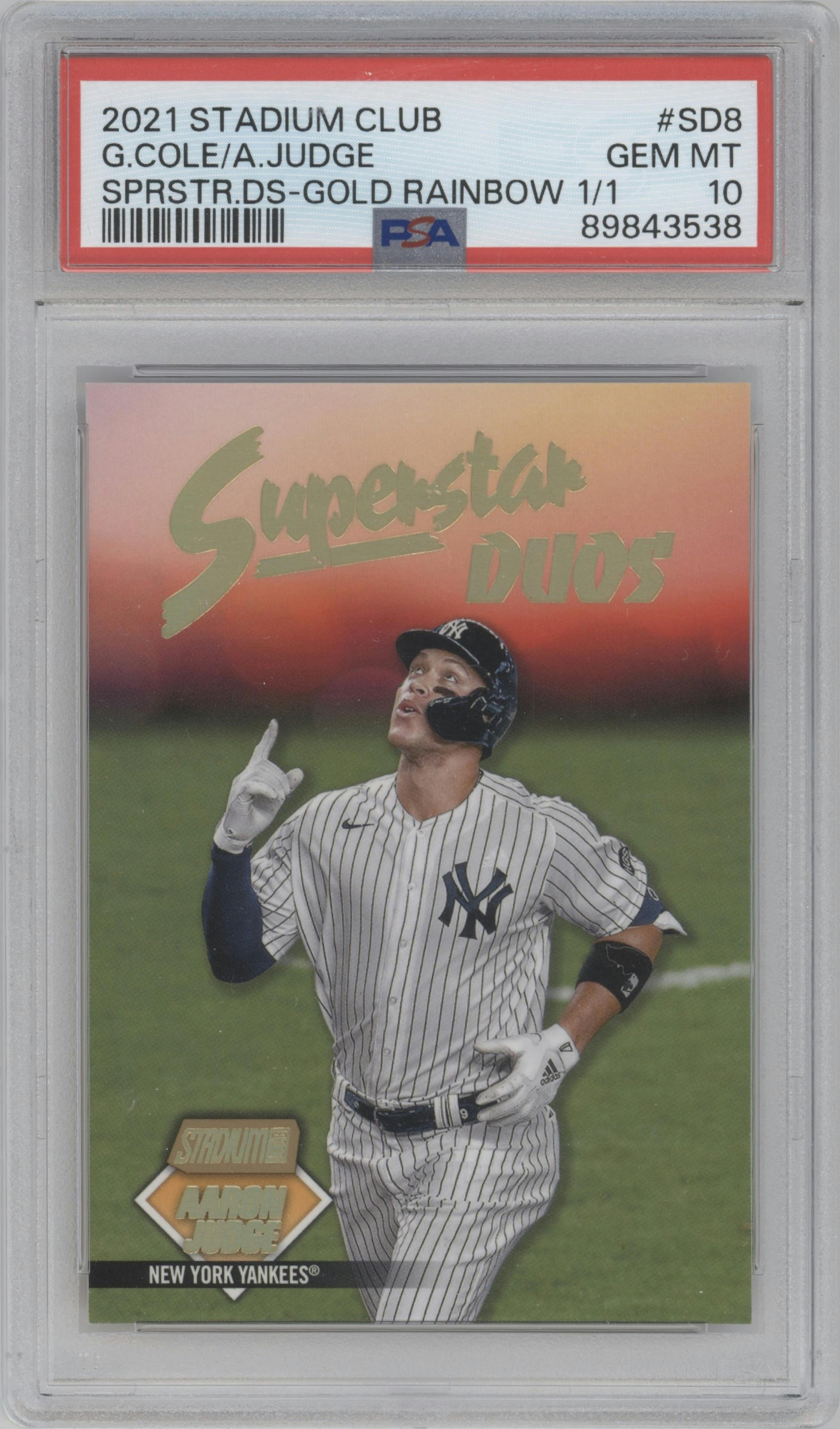 Gerrit Cole/Aaron Judge from the 2021 Topps Stadium Club set featuring a Gold Rainbow parallel graded by PSA and given an overall grade of 10.