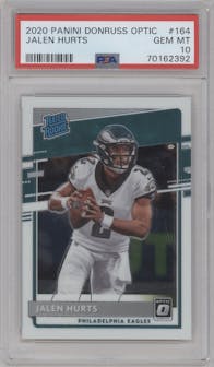 Jalen Hurts from the 2020 Panini Donruss Optic set graded by PSA and given an overall grade of 10.