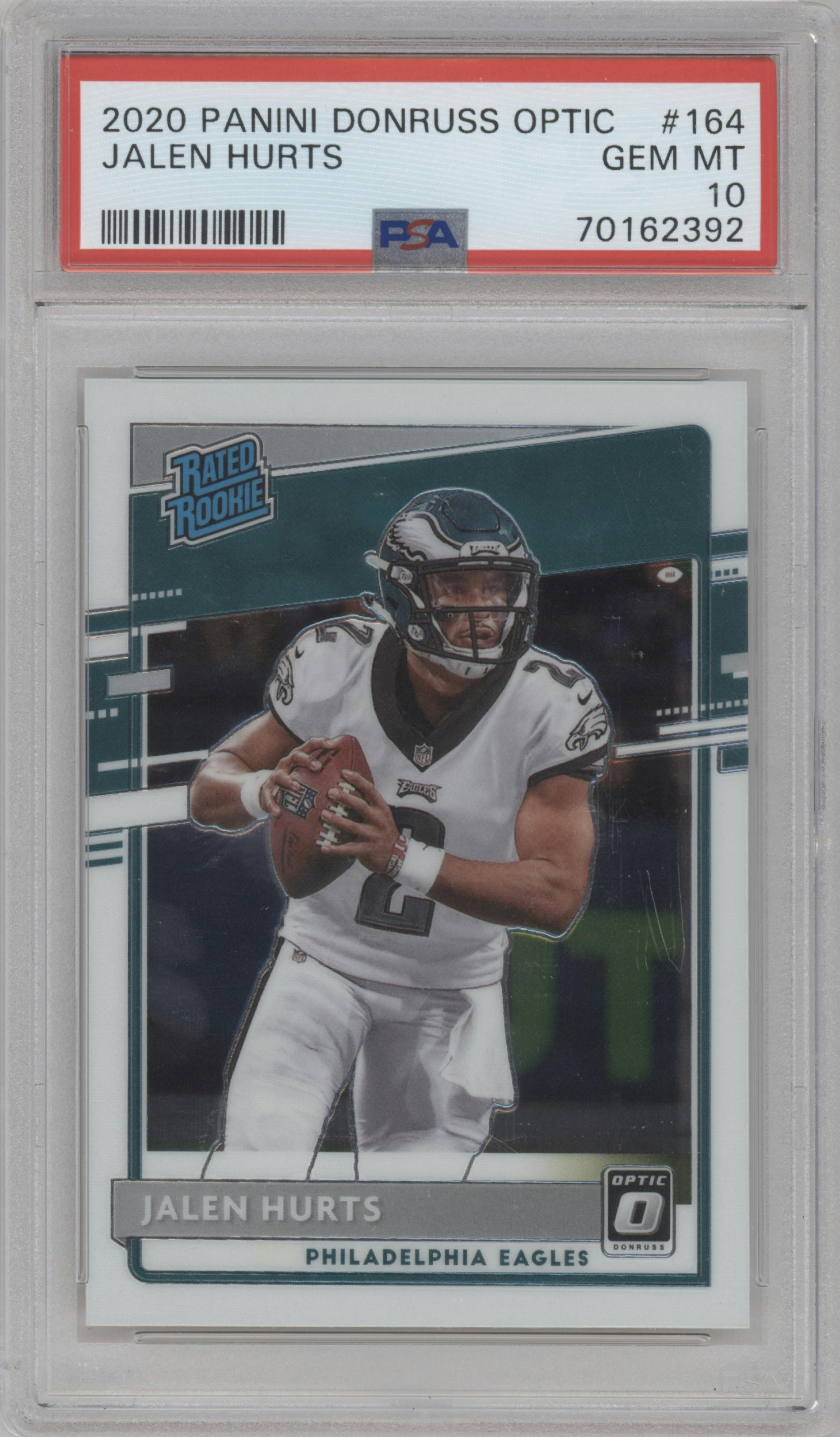 Jalen Hurts from the 2020 Panini Donruss Optic set graded by PSA and given an overall grade of 10.