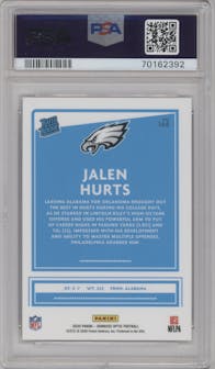 Jalen Hurts from the 2020 Panini Donruss Optic set graded by PSA and given an overall grade of 10.