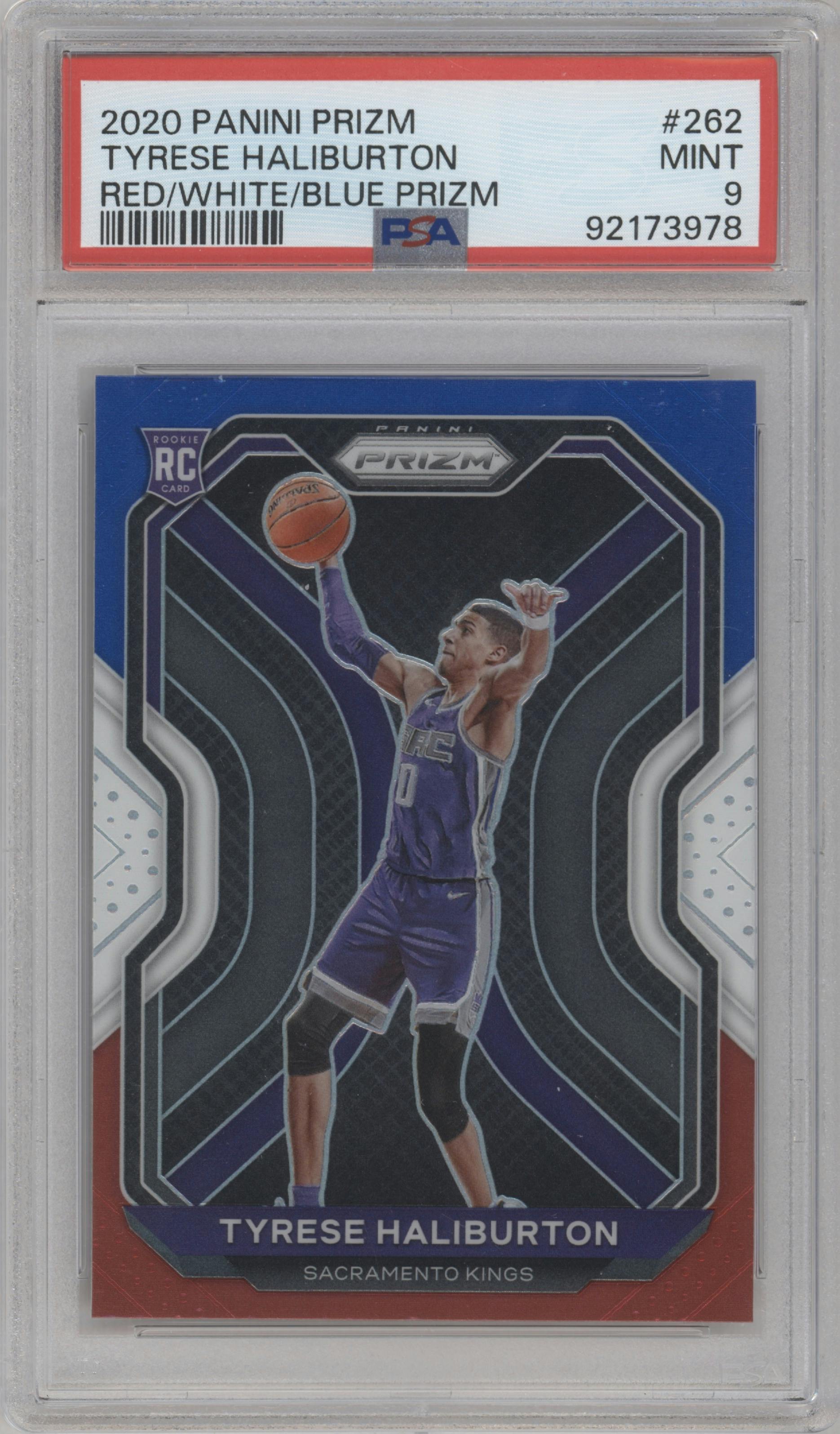 Tyrese Haliburton from the 2020-21 Panini Prizm set featuring a Red/White/Blue Prizm parallel graded by PSA and given an overall grade of 9.