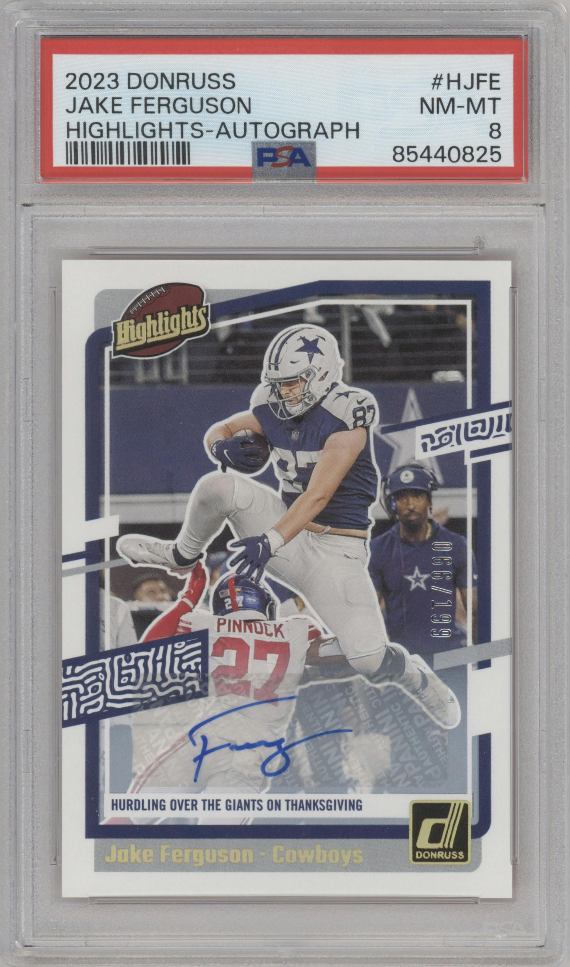 Jake Ferguson from the 2023 Panini Donruss set graded by PSA and given an overall grade of 8.