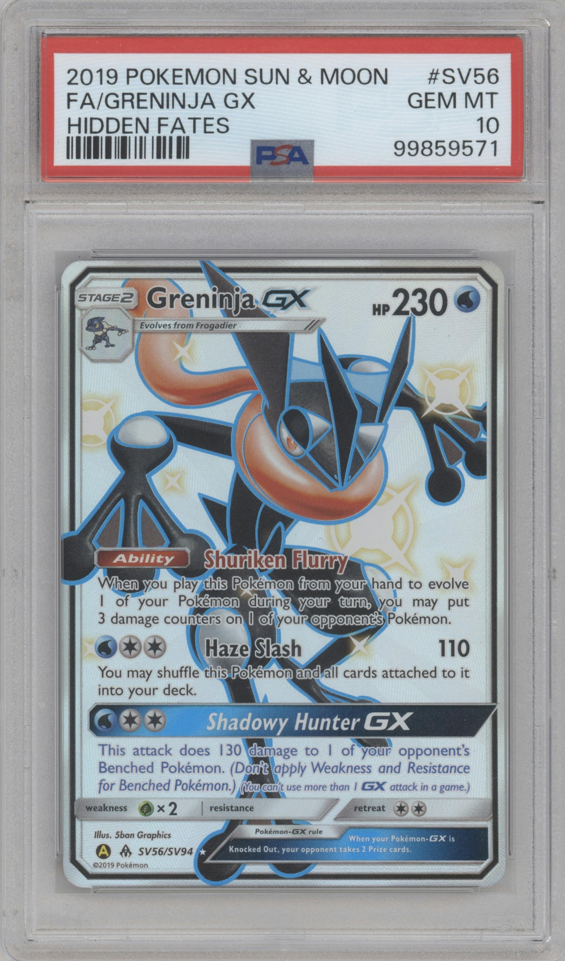 Greninja GX from the 2019 Pokemon S&M  set graded by PSA and given an overall grade of 10.