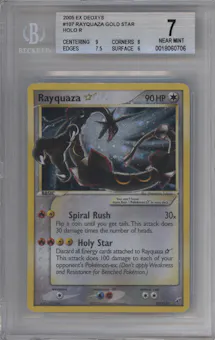 Rayquaza Gold Star from the 2005 Pokemon EX set graded by Beckett and given an overall grade of 7.