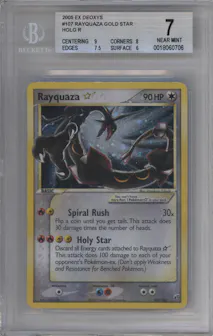 Rayquaza Gold Star from the 2005 Pokemon EX set graded by Beckett and given an overall grade of 7.