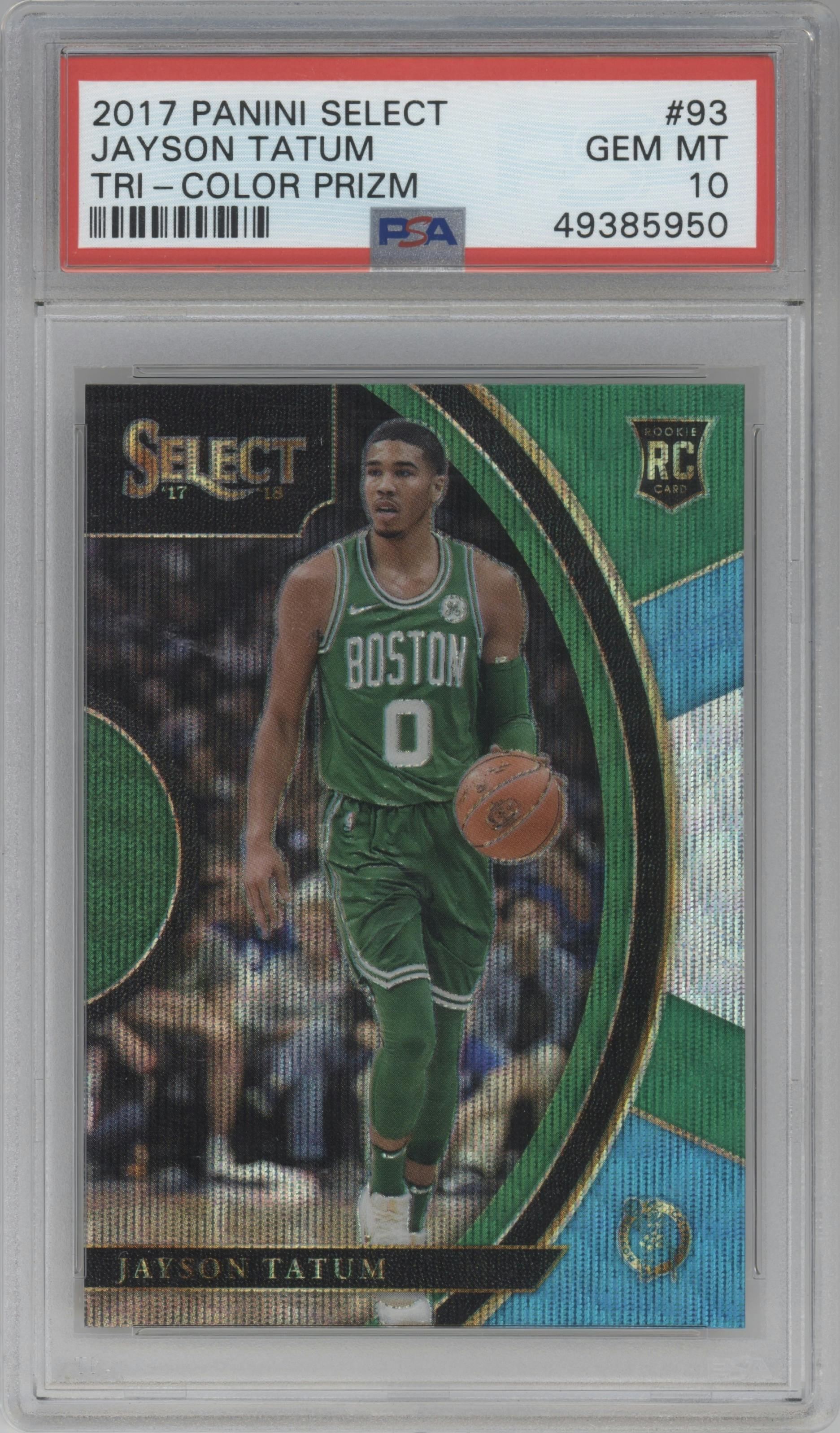 Jayson Tatum from the 2017-18 Panini Select set featuring a Tri-Color parallel graded by PSA and given an overall grade of 10.