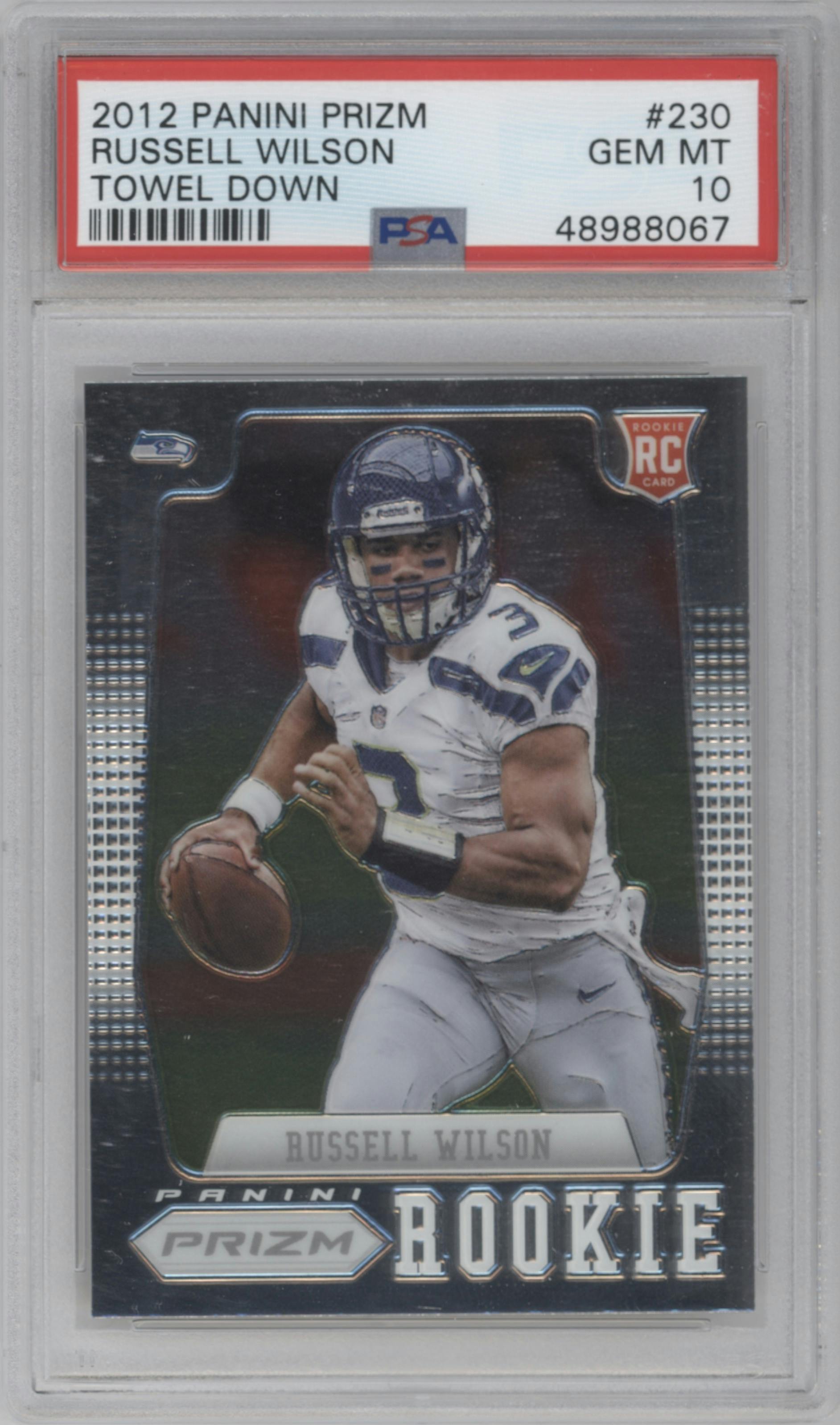 Russell Wilson from the 2012 Panini Prizm set graded by PSA and given an overall grade of 10.