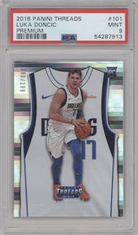 Luka Doncic from the 2018-19 Panini Threads  set featuring a Premium parallel graded by PSA and given an overall grade of 9.