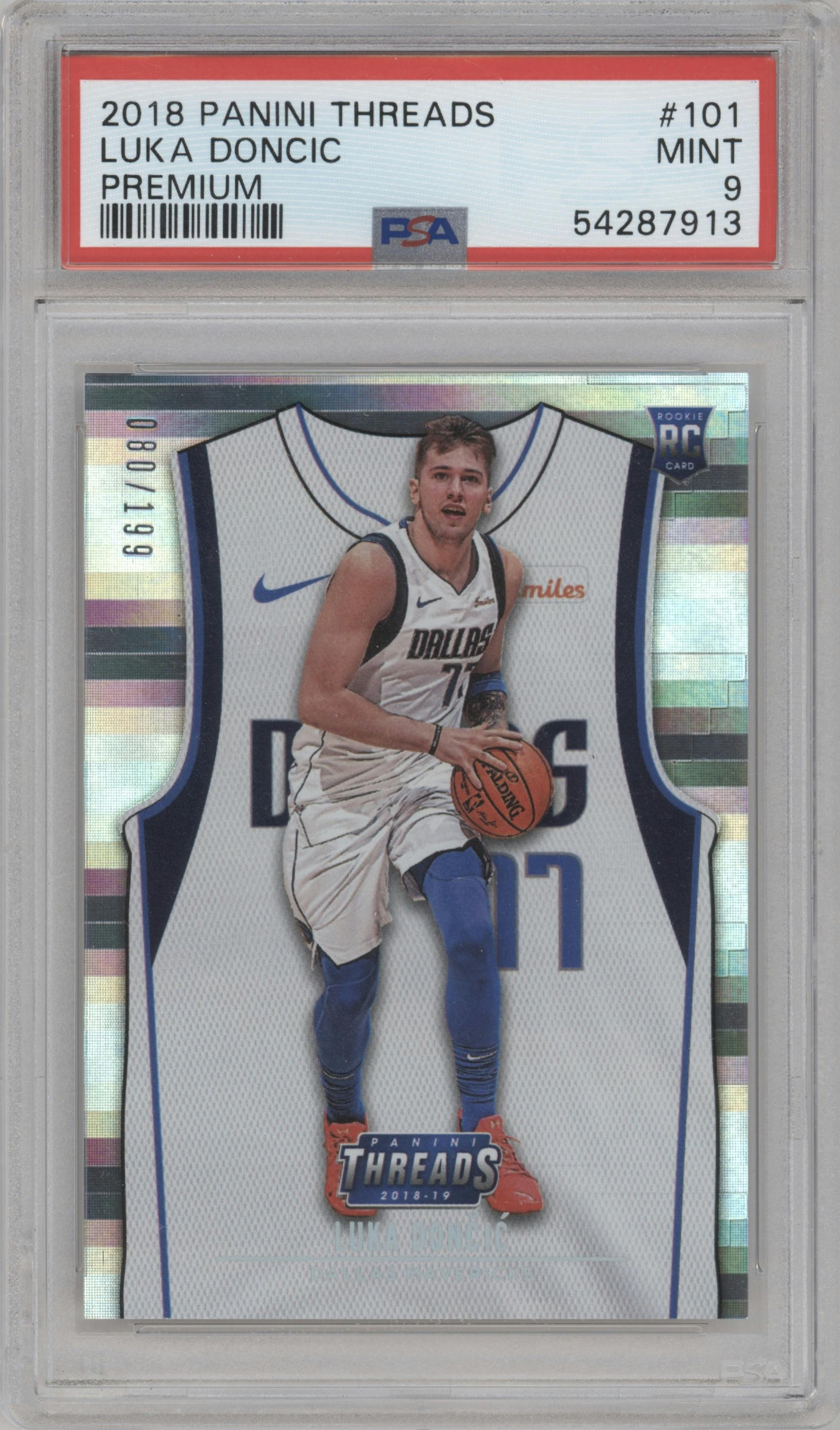 Luka Doncic from the 2018-19 Panini Threads  set featuring a Premium parallel graded by PSA and given an overall grade of 9.