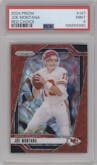 Joe Montana from the 2024 Panini Prizm set featuring a Choice Red parallel graded by PSA and given an overall grade of 9.
