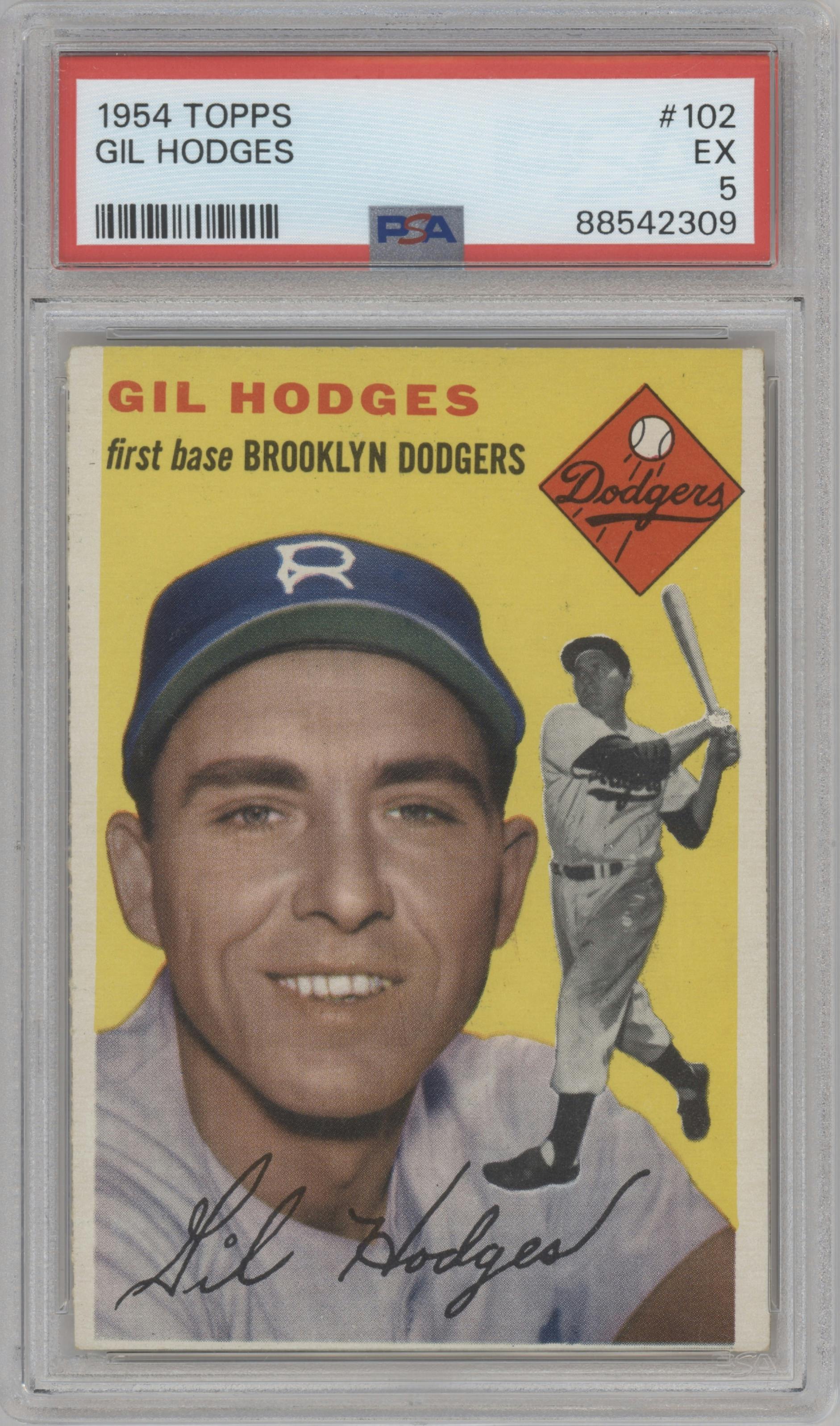 Gil Hodges from the 1954 Topps set graded by PSA and given an overall grade of 5.