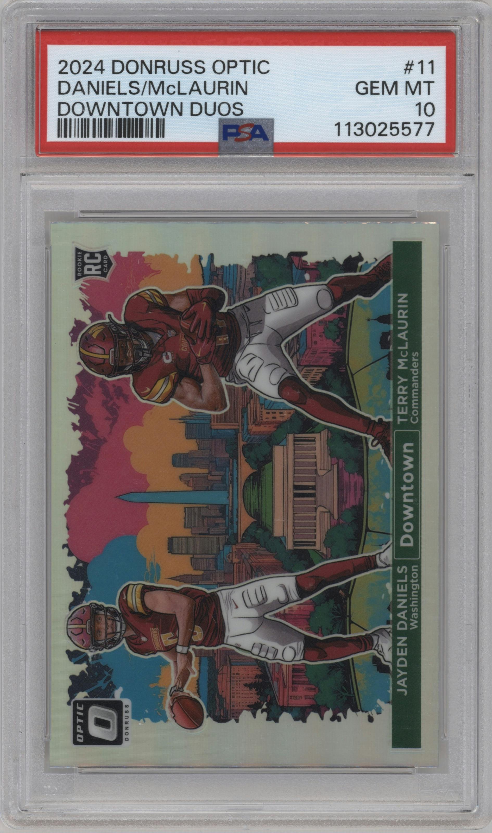 Jayden Daniels/Terry McLaurin from the 2024 Donruss Optic set graded by PSA and given an overall grade of 10.