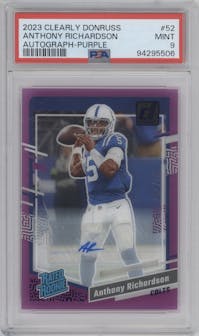Anthony Richardson from the 2023 Clearly Donruss set featuring a Purple parallel graded by PSA and given an overall grade of 9.