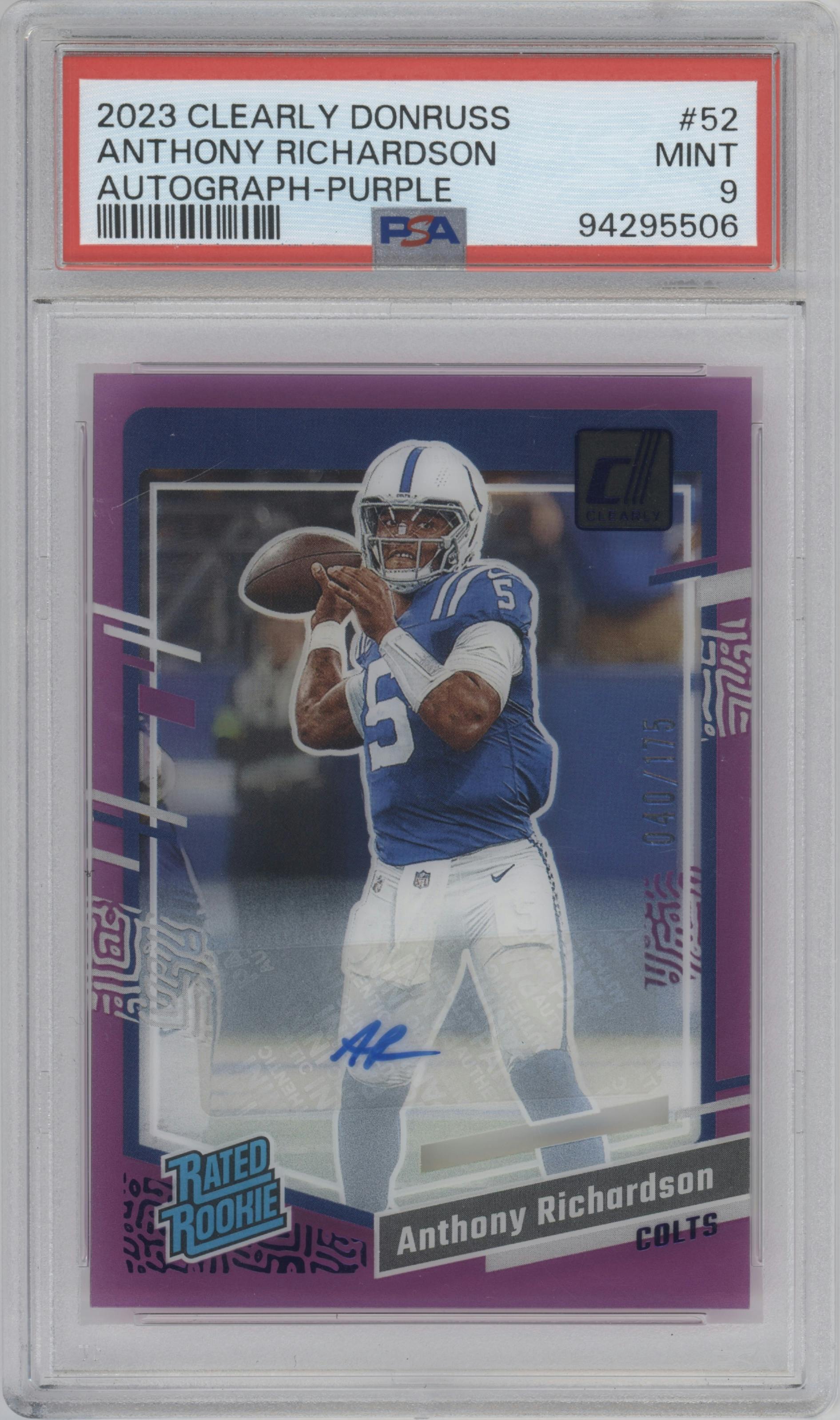 Anthony Richardson from the 2023 Clearly Donruss set featuring a Purple parallel graded by PSA and given an overall grade of 9.
