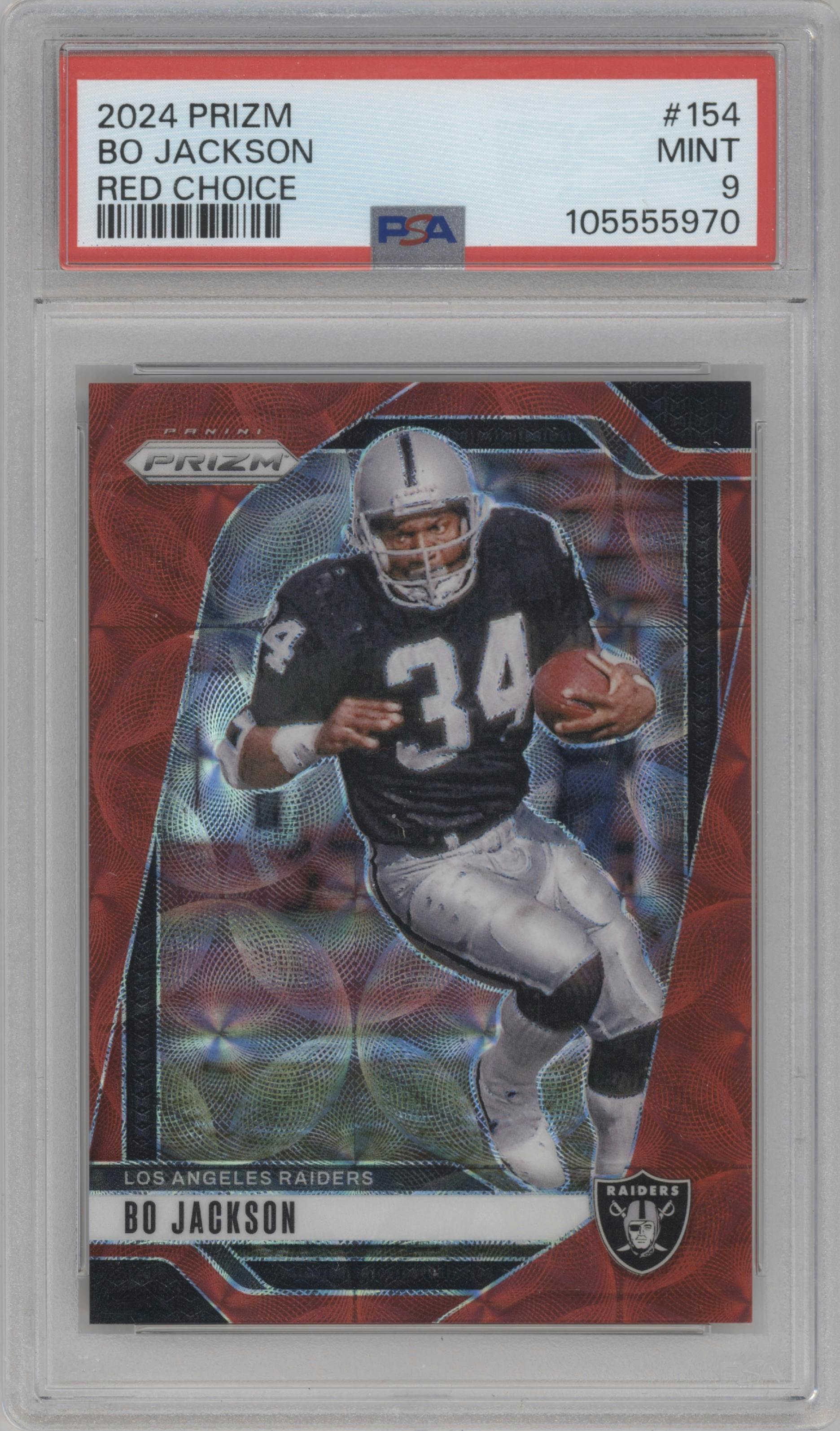 Bo Jackson from the 2024 Panini Prizm set featuring a Choice Red parallel graded by PSA and given an overall grade of 9.