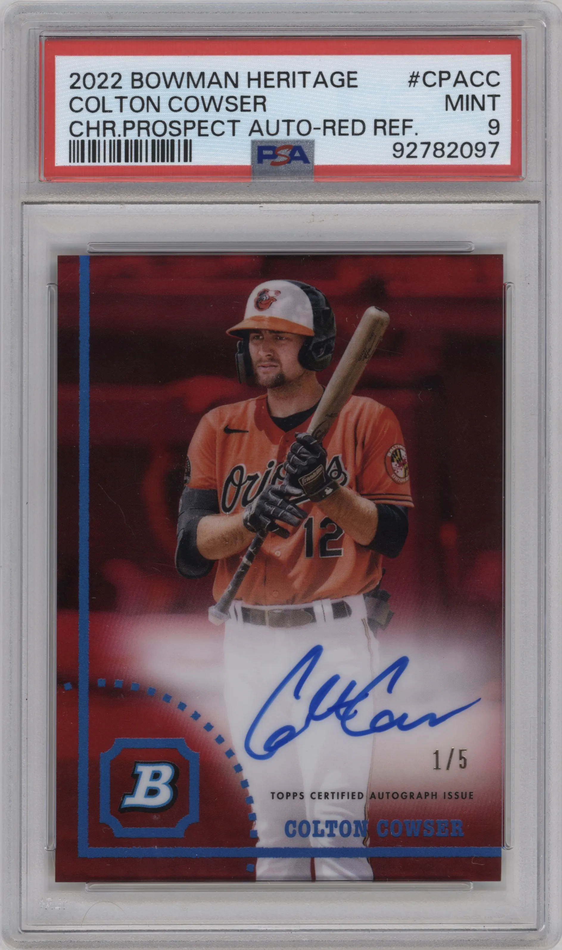 2022 Bowman Heritage Chr.Pros.Auto Colton Cowser Red Refractor PSA 9