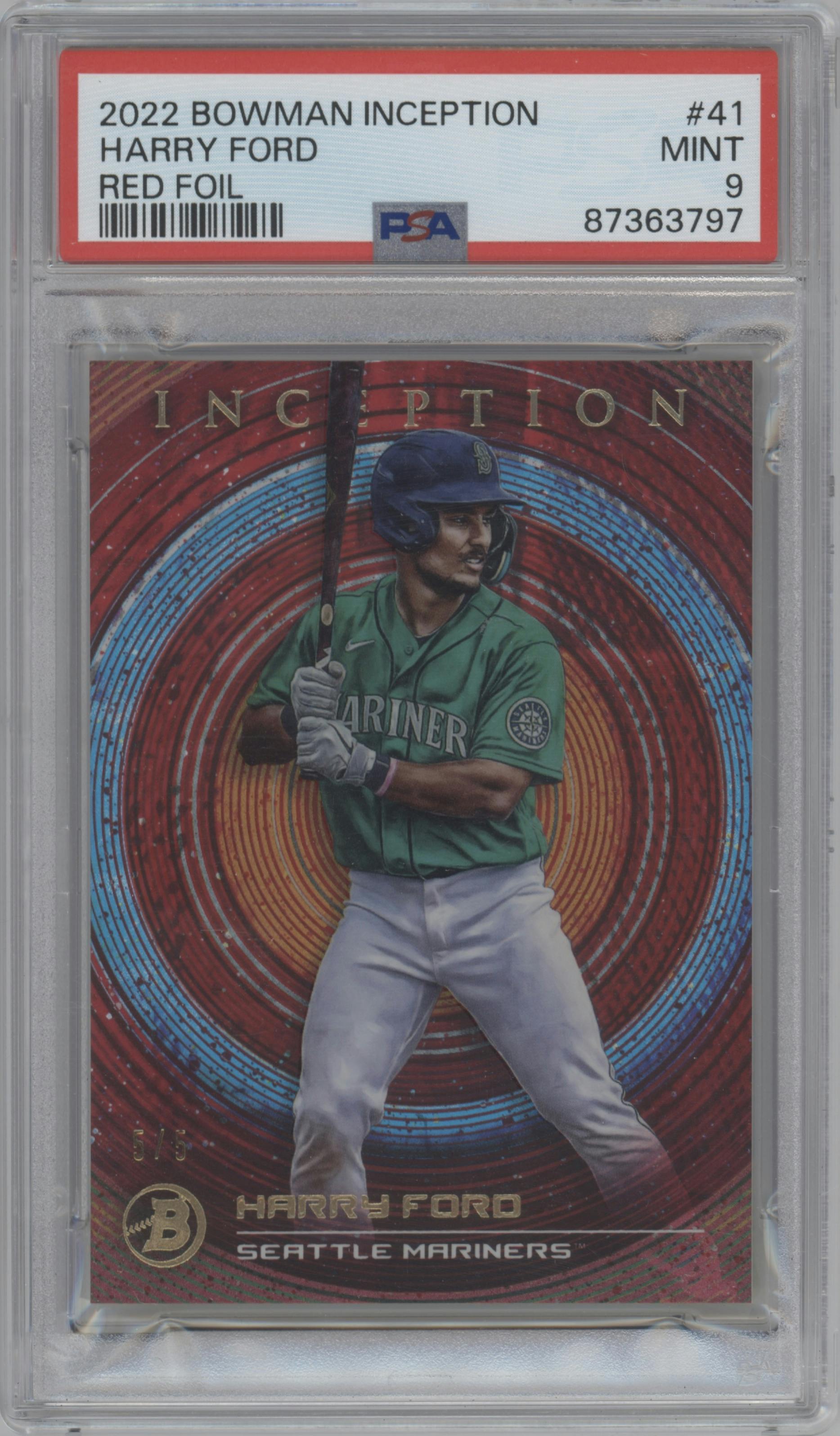 Harry Ford  from the 2022 Bowman Inception set featuring a Red Foil parallel graded by PSA and given an overall grade of 9.