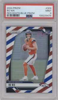 Bo Nix from the 2024 Panini Prizm set featuring a Red/White/Blue Prizm parallel graded by PSA and given an overall grade of 9.