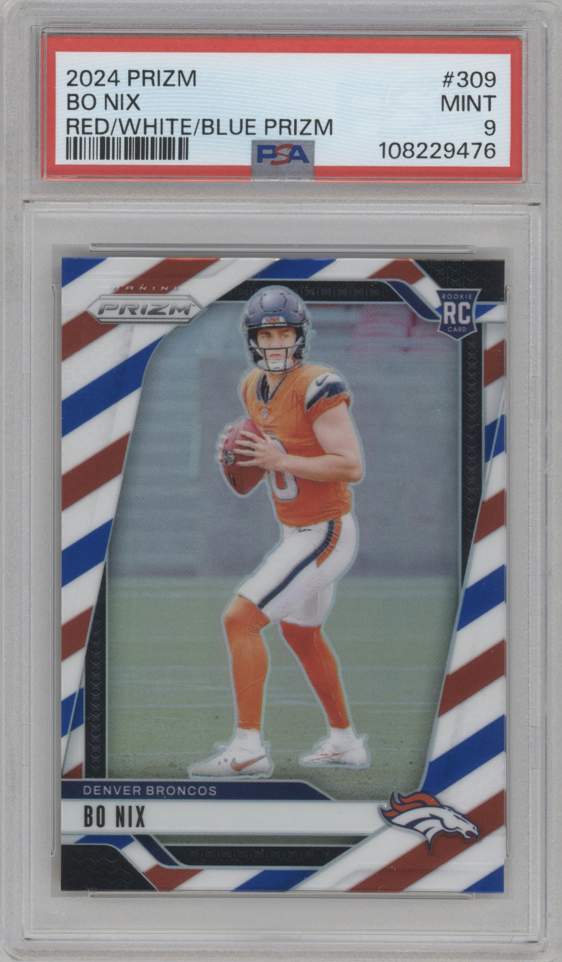 Bo Nix from the 2024 Panini Prizm set featuring a Red/White/Blue Prizm parallel graded by PSA and given an overall grade of 9.