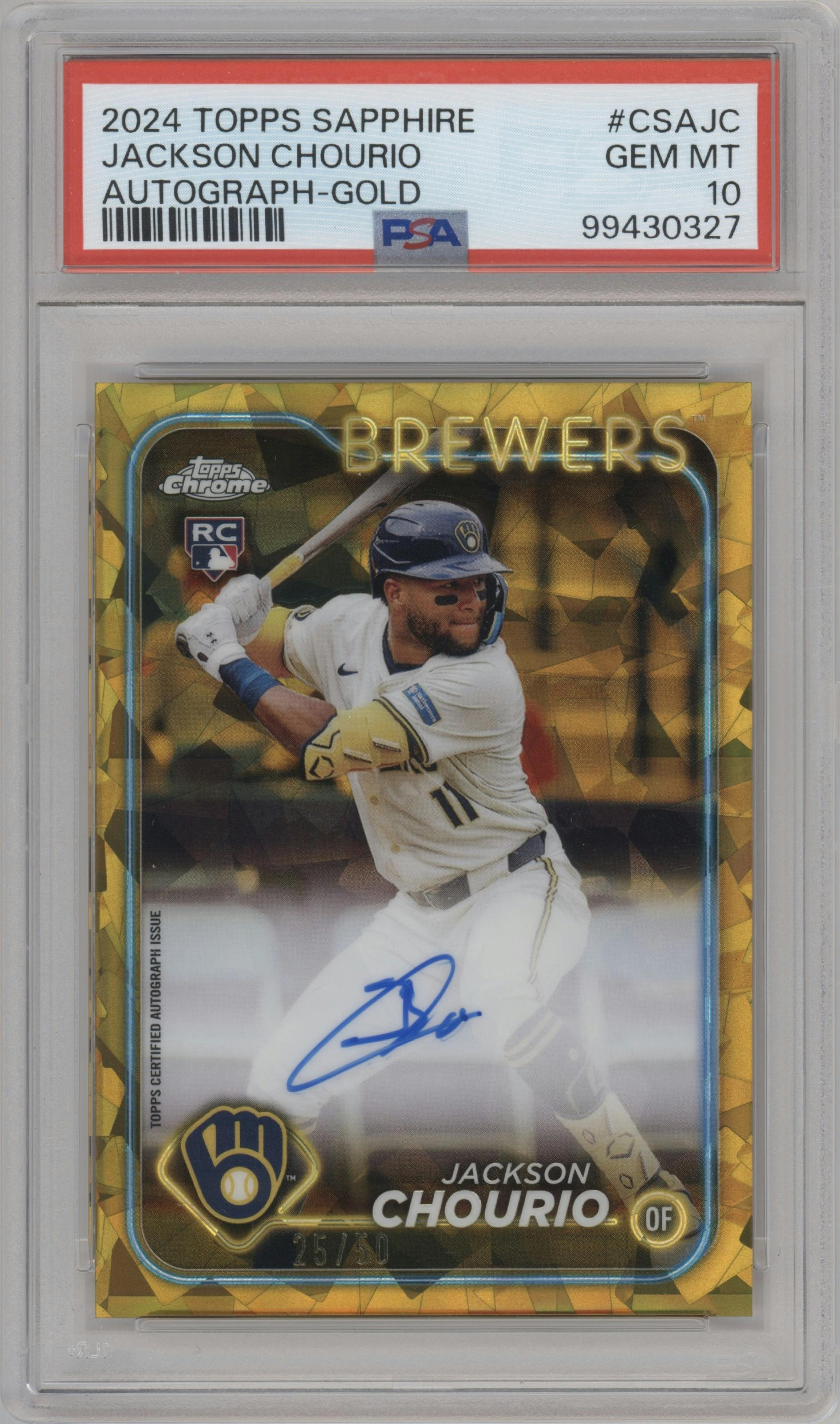 Jackson Chourio from the 2024 Topps Chrome Sapphire set featuring a Gold parallel graded by PSA and given an overall grade of 10.