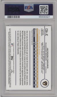 Jackson Chourio from the 2024 Topps Chrome Sapphire set featuring a Gold parallel graded by PSA and given an overall grade of 10.