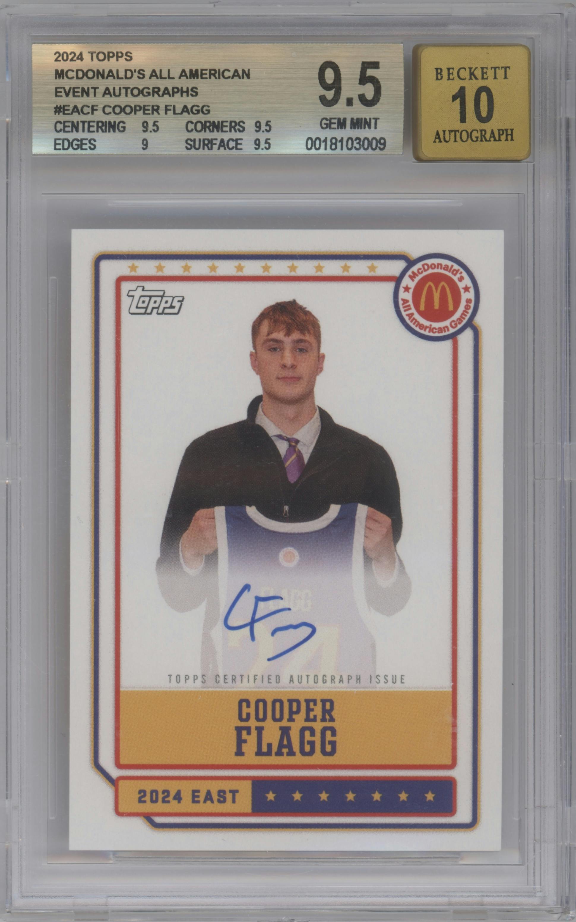 Cooper Flagg from the 2024 Topps Chrome McDonald's All-American set graded by Beckett and given an overall grade of 9.5.