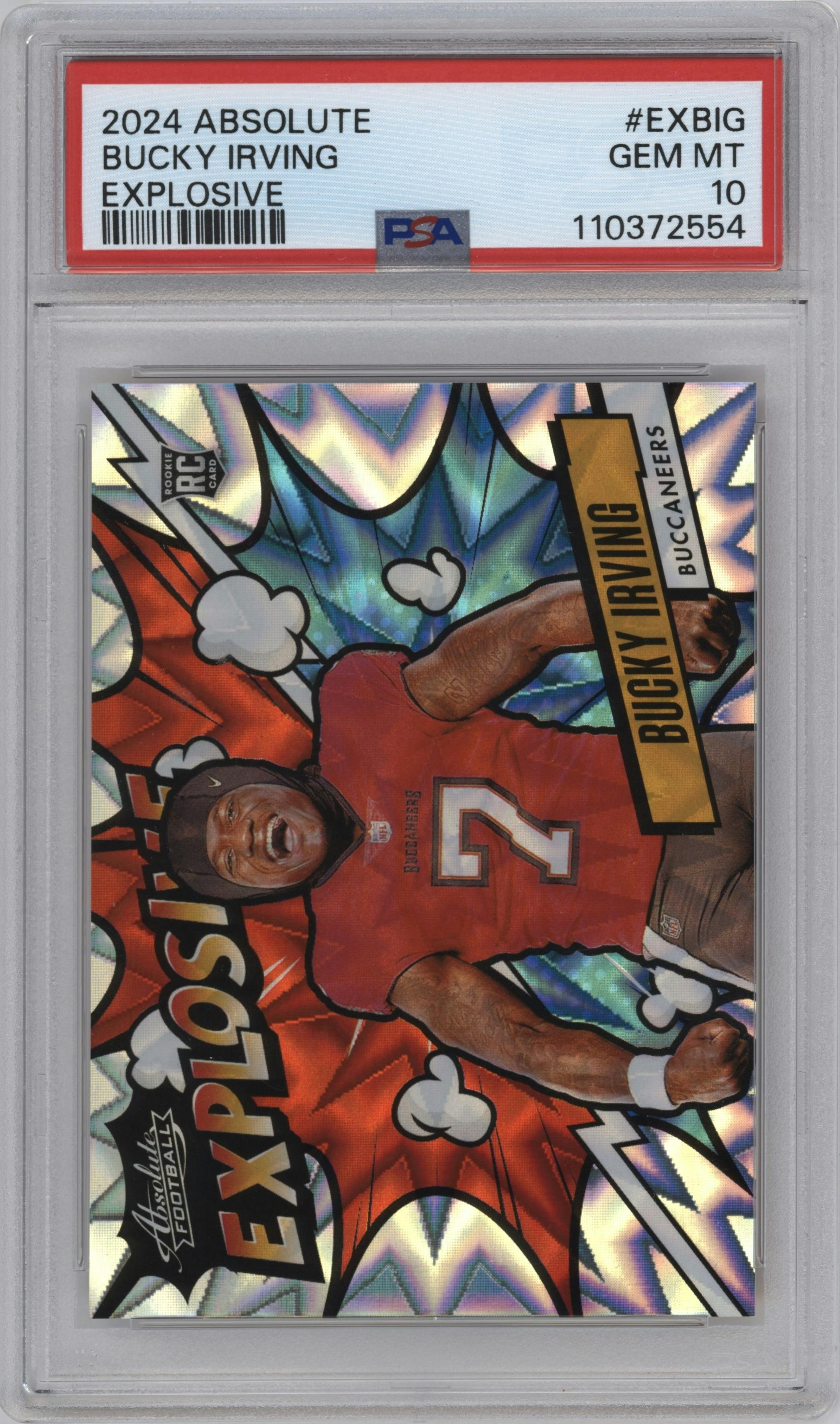 Bucky Irving from the 2024 Panini Absolute set graded by PSA and given an overall grade of 10.