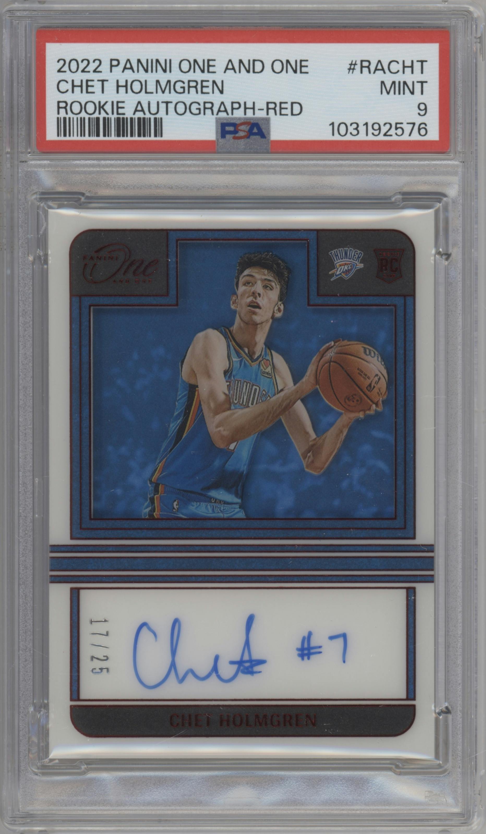 Chet Holmgren from the 2022-23 Panini One and One set featuring a Red  parallel graded by PSA and given an overall grade of 9.
