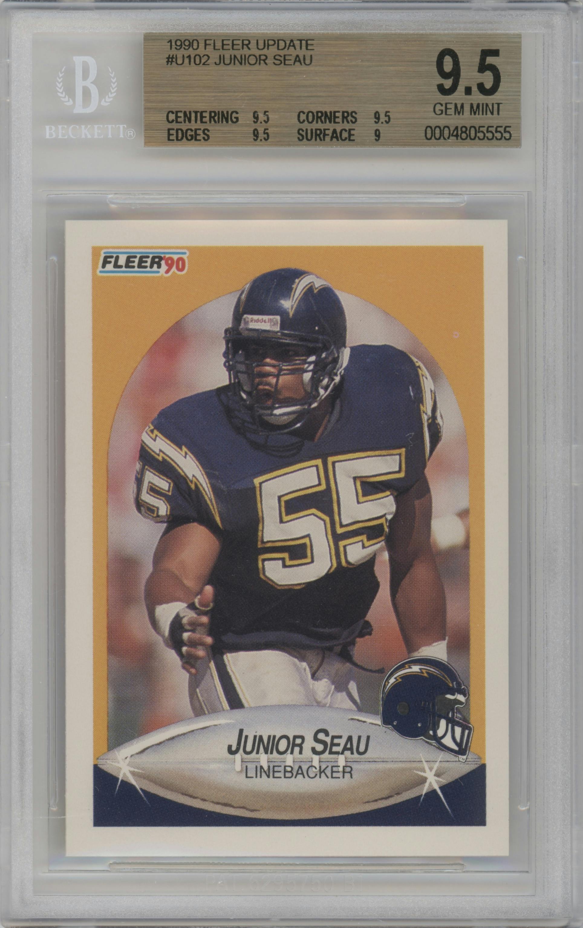 Junior Seau from the 1990 Fleer Update set graded by Beckett and given an overall grade of 9.5.