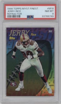 Jerry Rice from the 1998 Topps set featuring a Refractor parallel graded by PSA and given an overall grade of 8.