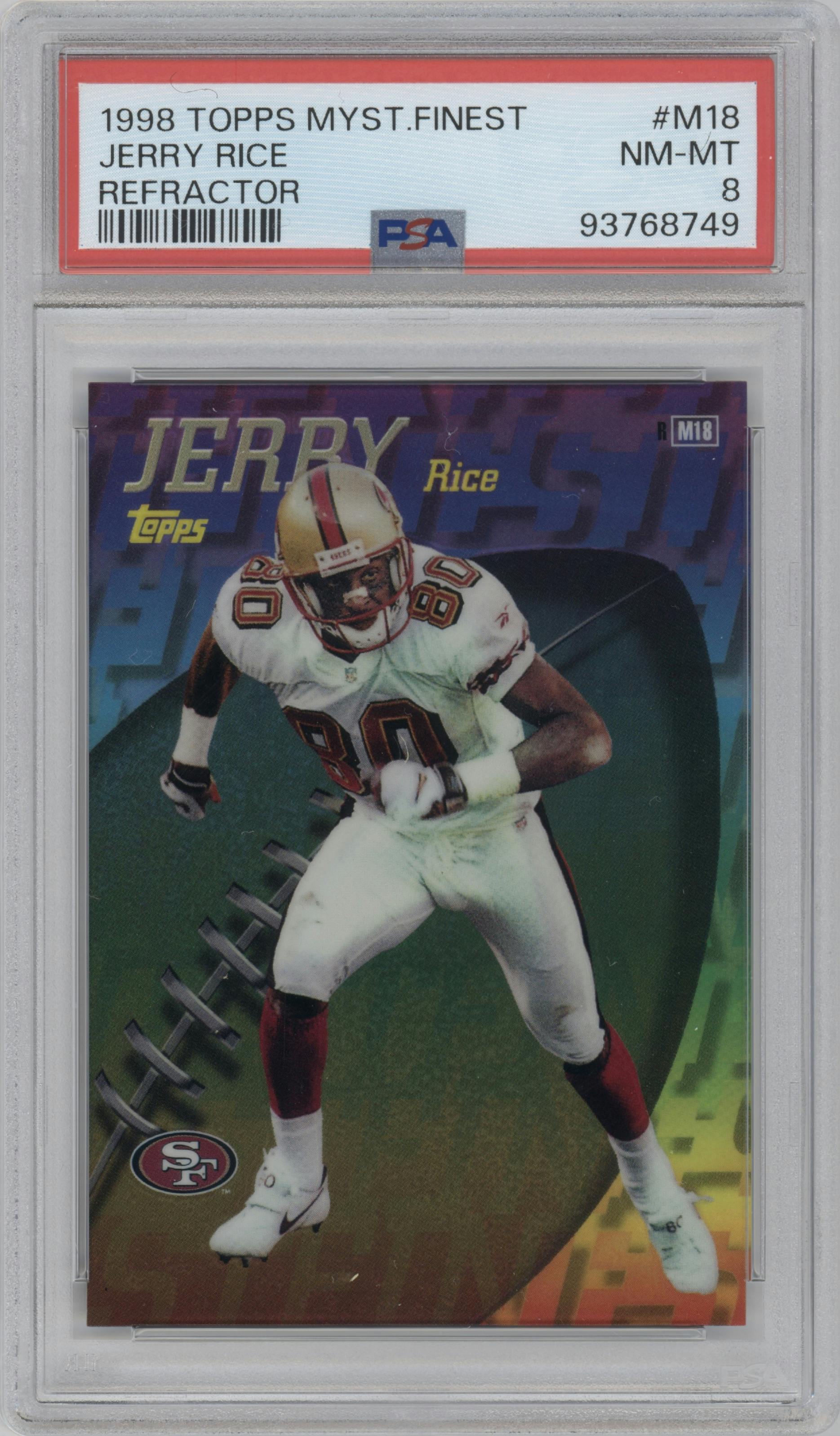 Jerry Rice from the 1998 Topps set featuring a Refractor parallel graded by PSA and given an overall grade of 8.