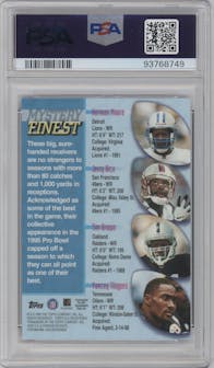 Jerry Rice from the 1998 Topps set featuring a Refractor parallel graded by PSA and given an overall grade of 8.