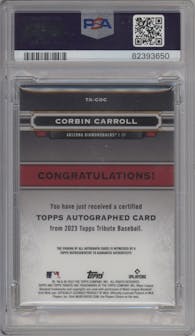 Corbin Carroll from the 2023 Topps Tribute set featuring a Green parallel graded by PSA and given an overall grade of 10.
