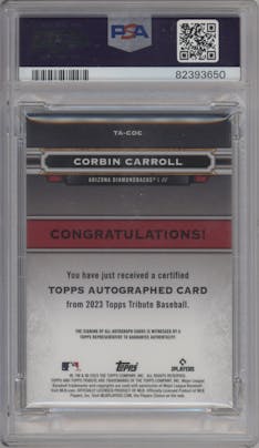 Corbin Carroll from the 2023 Topps Tribute set featuring a Green parallel graded by PSA and given an overall grade of 10.