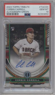 Corbin Carroll from the 2023 Topps Tribute set featuring a Green parallel graded by PSA and given an overall grade of 10.