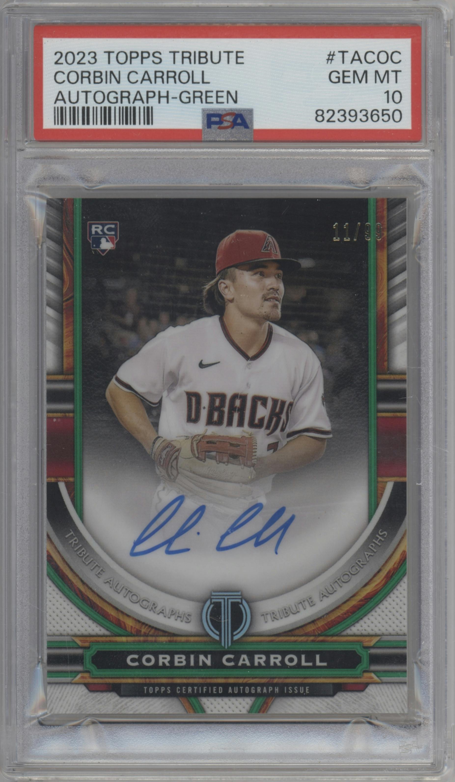 Corbin Carroll from the 2023 Topps Tribute set featuring a Green parallel graded by PSA and given an overall grade of 10.