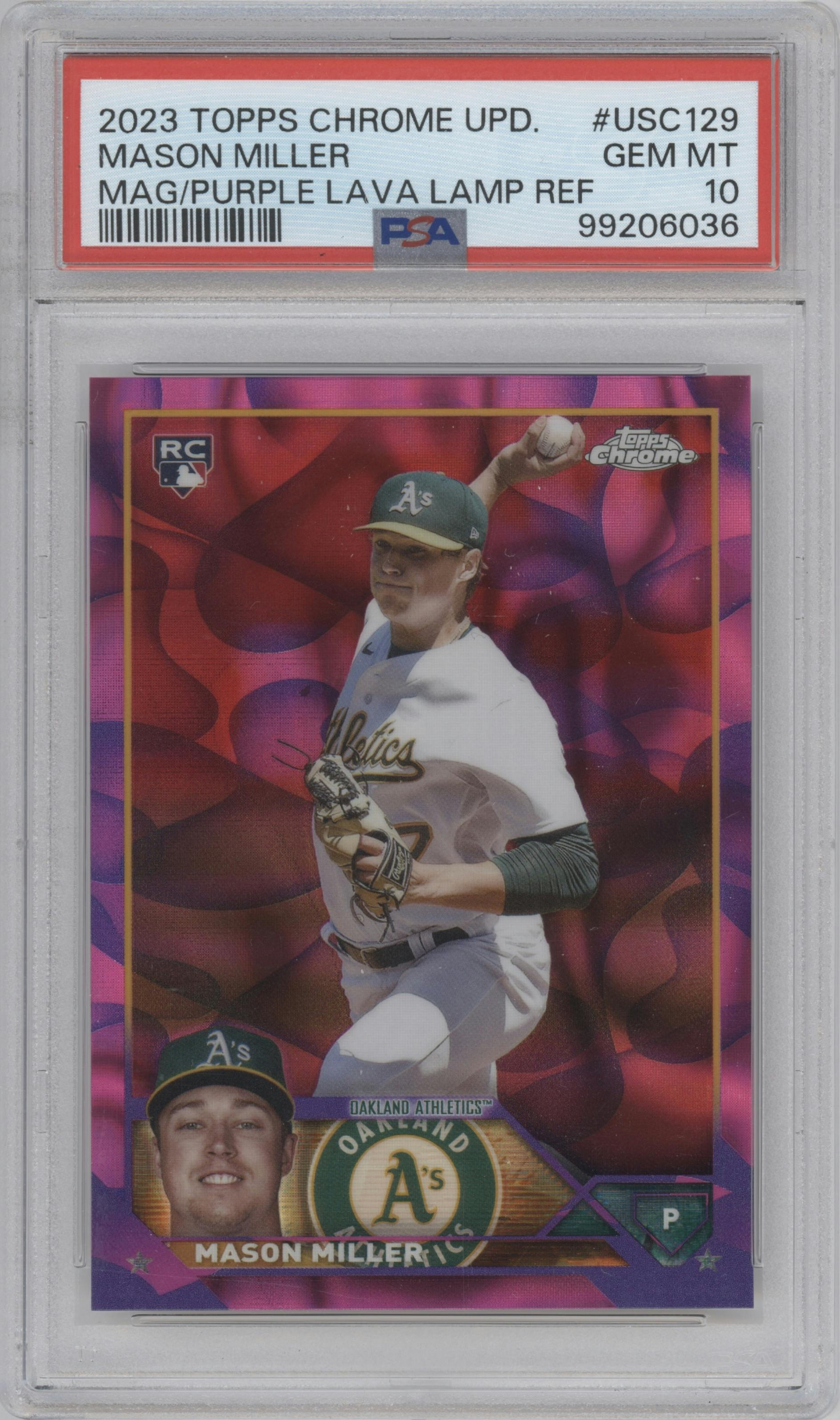 Mason Miller from the 2023 Topps Chrome Update set featuring a Magenta/Purple Lava Lamp parallel graded by PSA and given an overall grade of 10.