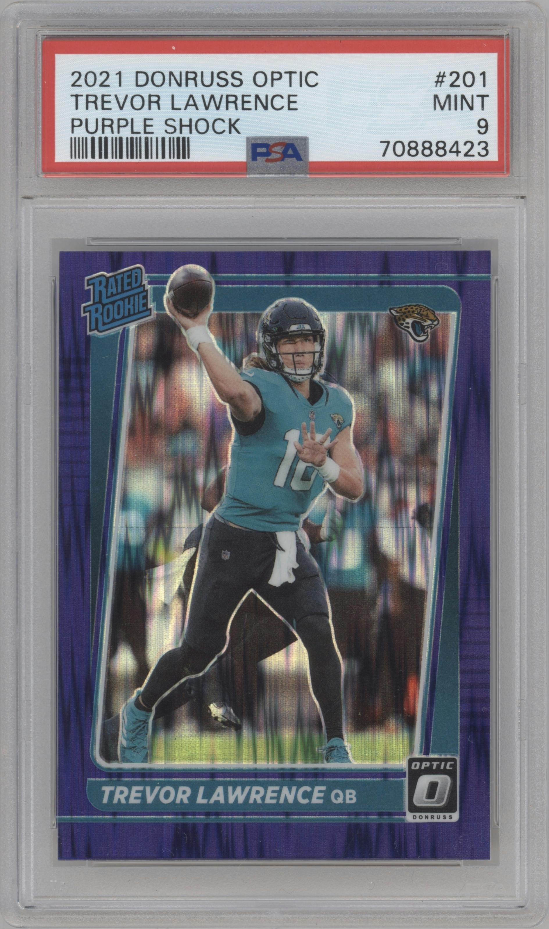 Trevor Lawrence from the 2021 Panini Donruss Optic set featuring a Purple Shock parallel graded by PSA and given an overall grade of 9.