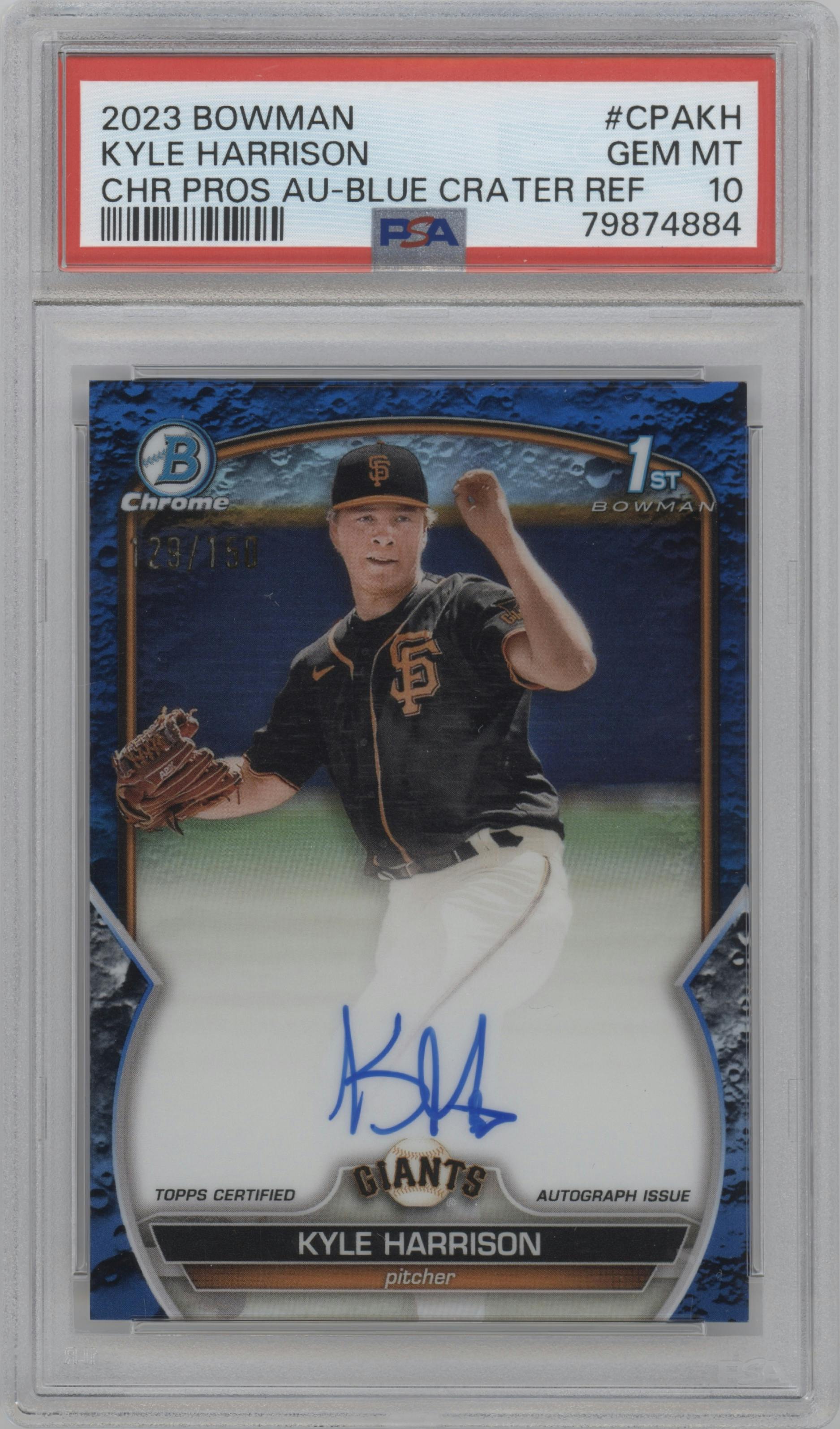 Kyle Harrison from the 2023 Bowman  set featuring a Blue Lunar Crater Refractor parallel graded by PSA and given an overall grade of 10.