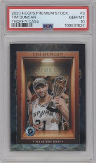Tim Duncan from the 2023-24 Panini Hoops Premium Stock set graded by PSA and given an overall grade of 10.