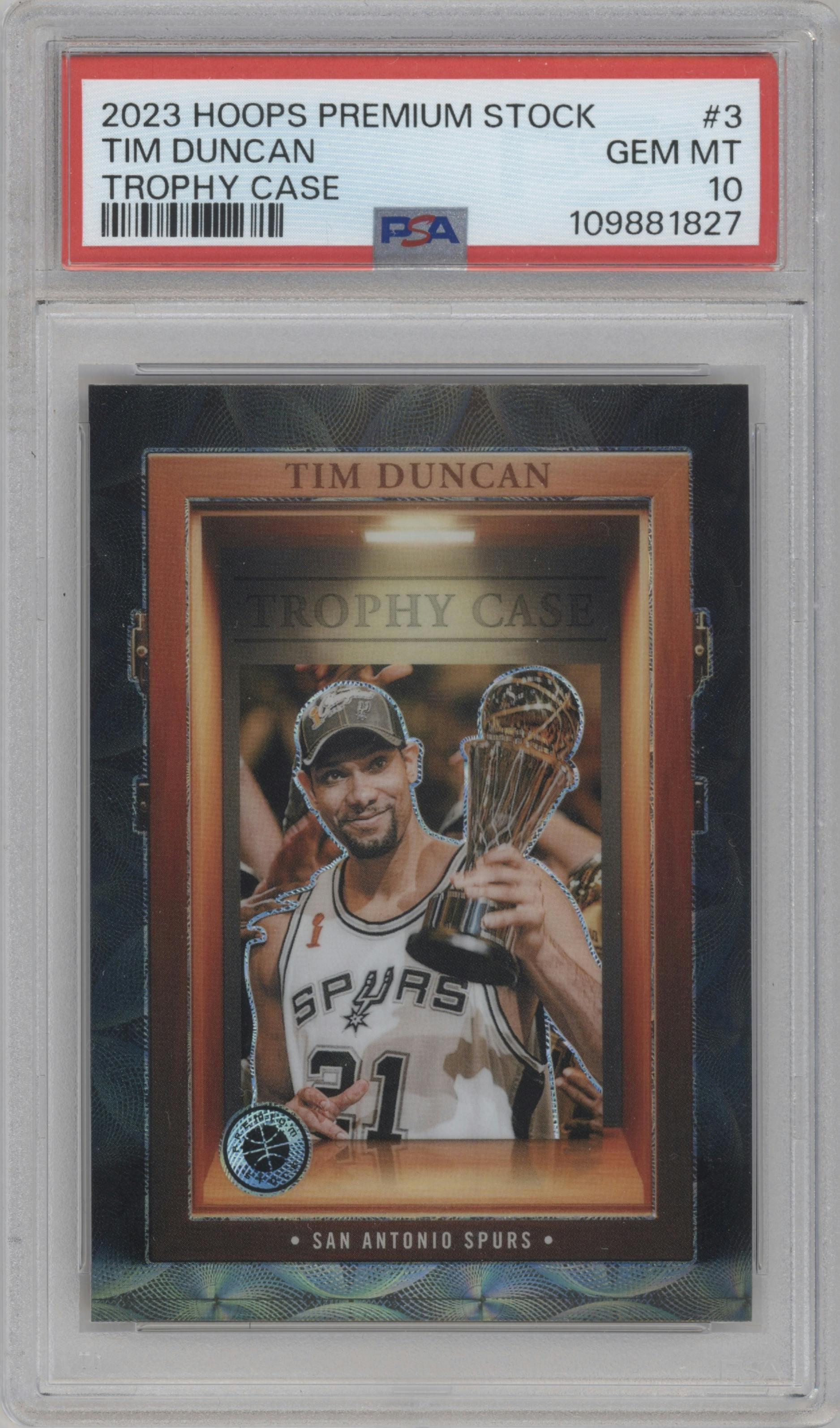 Tim Duncan from the 2023-24 Panini Hoops Premium Stock set graded by PSA and given an overall grade of 10.