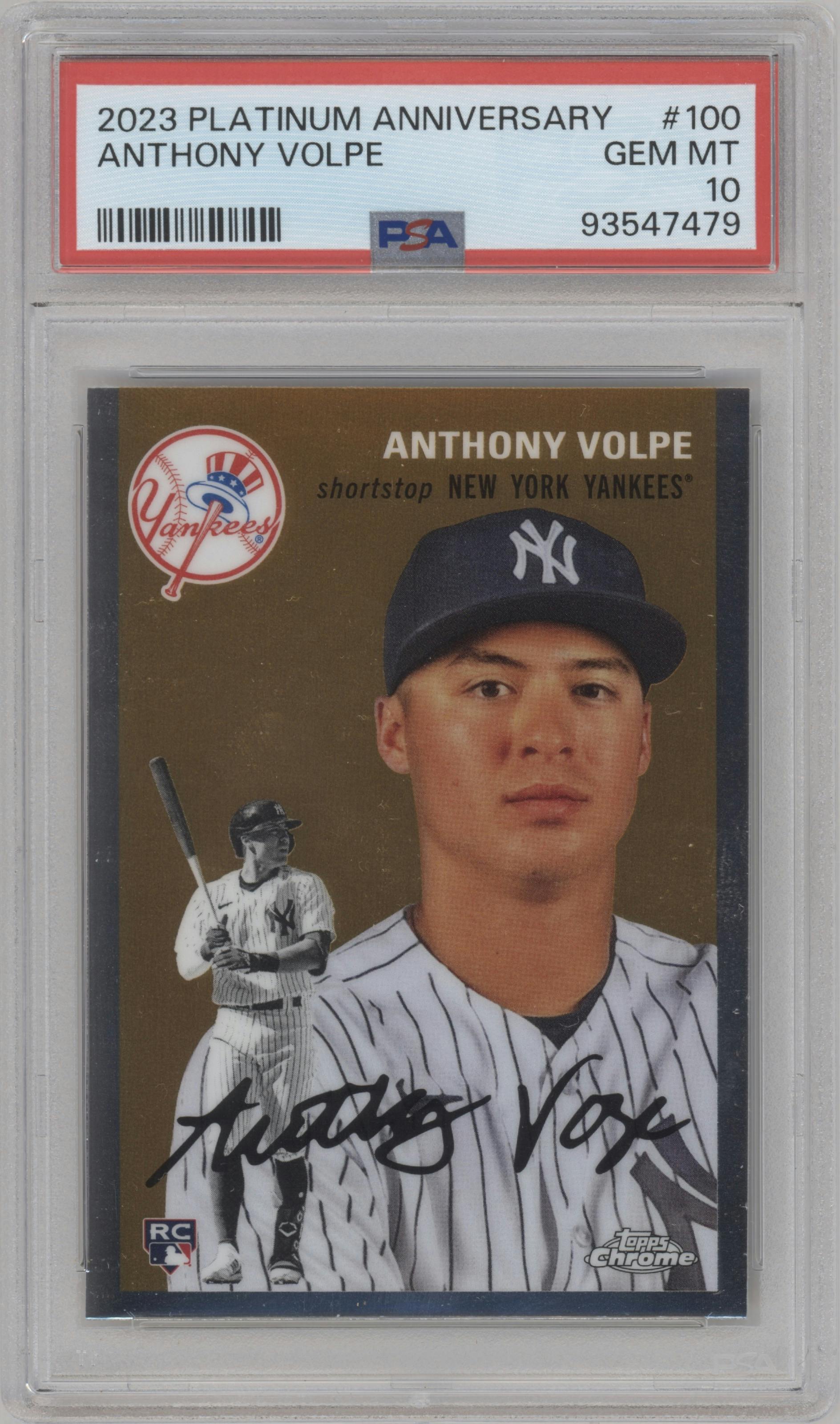 Anthony Volpe from the 2023 Topps Chrome Platinum Anniversary set graded by PSA and given an overall grade of 10.