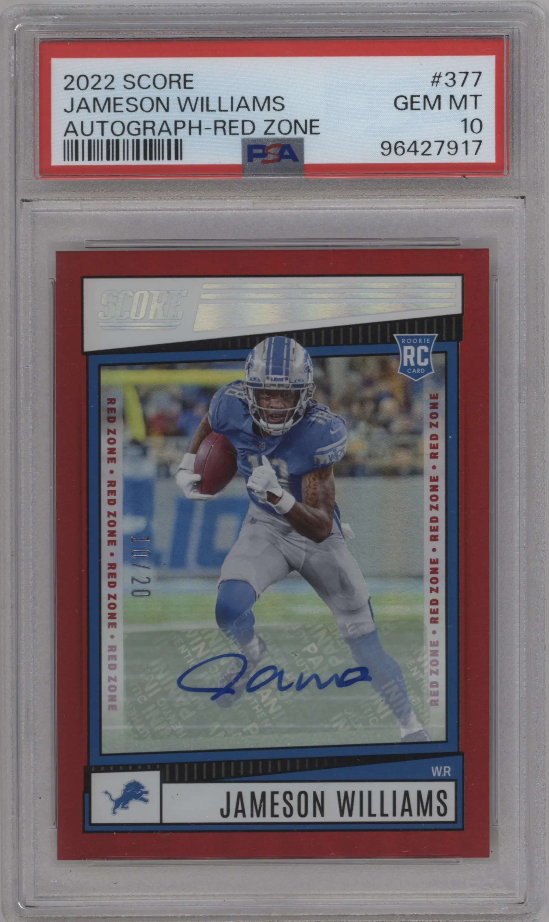 2022 Panini Score Rke.Sig. Jameson Williams Red Zone #377 PSA 10