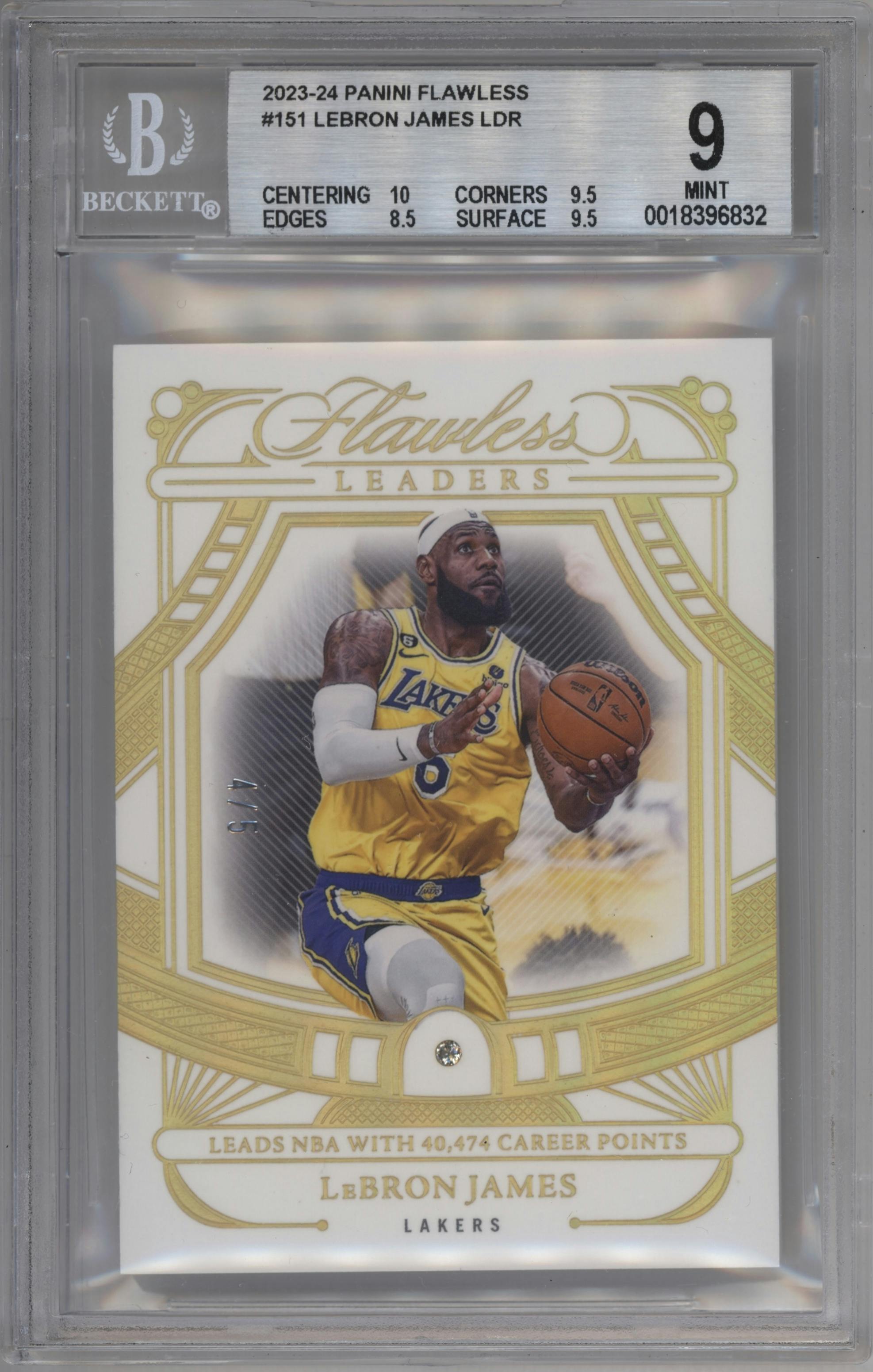 LeBron James from the 2023-24 Panini Flawless set graded by Beckett and given an overall grade of 9.