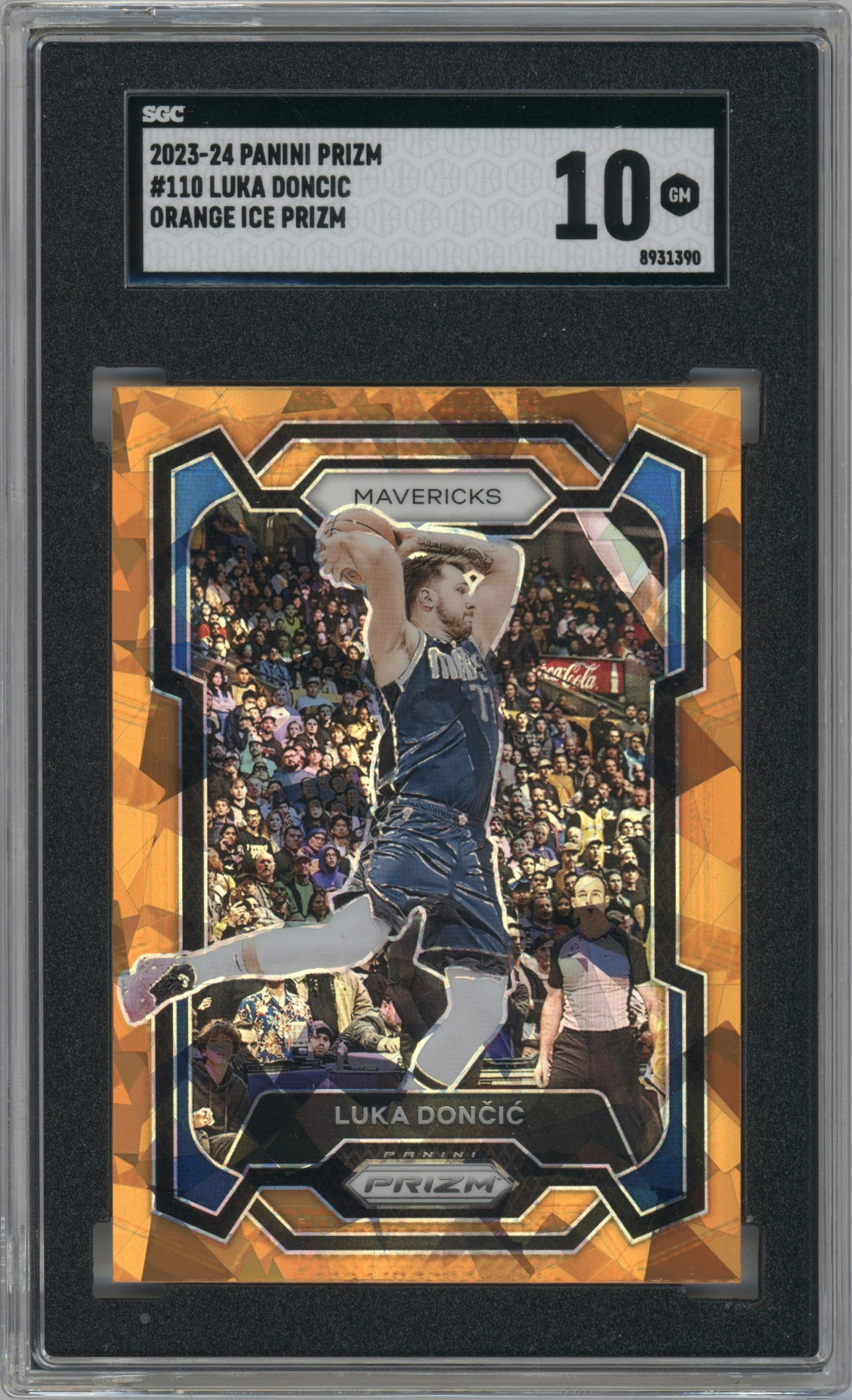 Luka Doncic from the 2023-24 Panini Prizm set featuring a Orange Ice parallel graded by SGC and given an overall grade of 10.