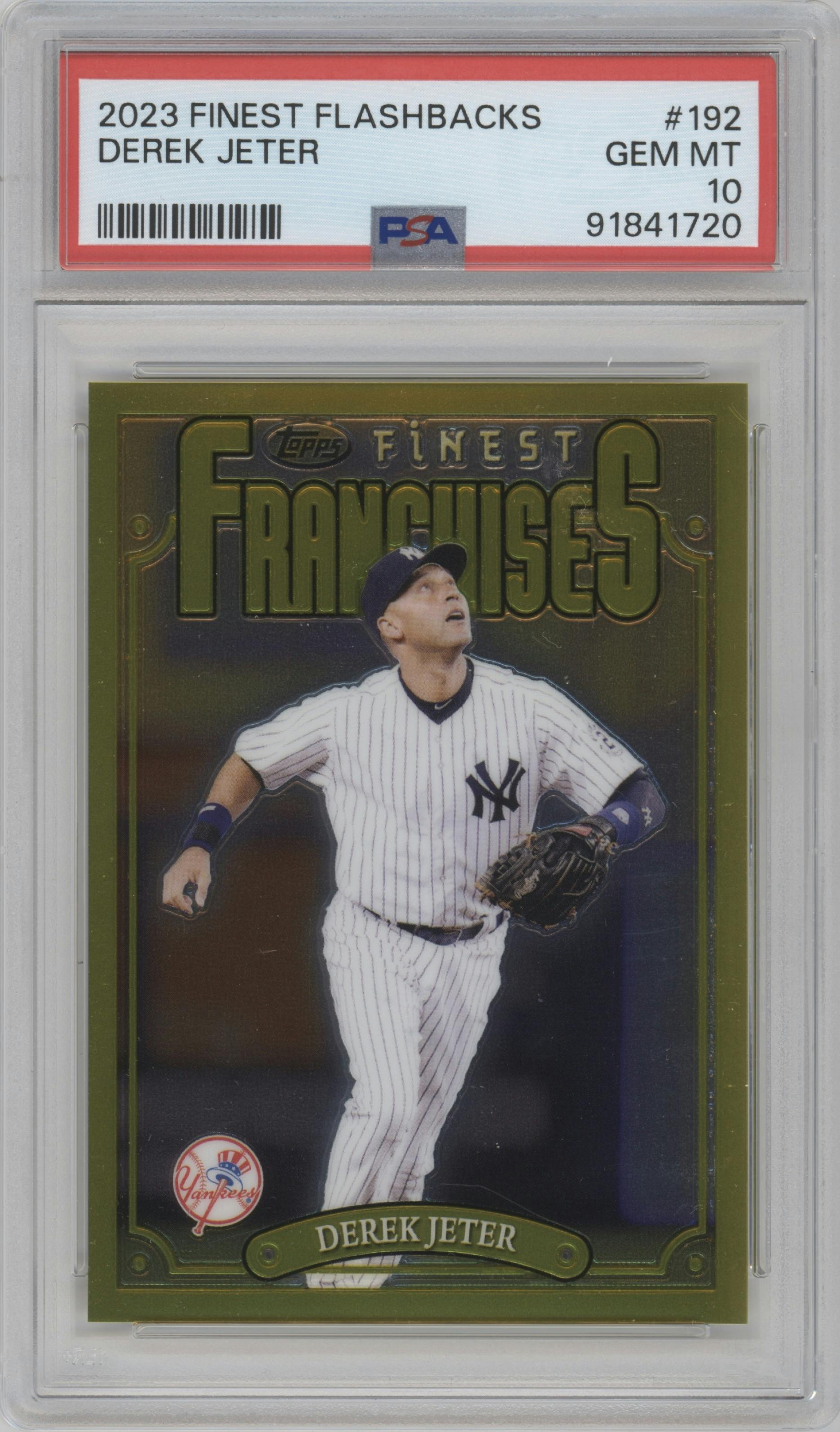 Derek Jeter from the 2023 Topps Finest Flashbacks set graded by PSA and given an overall grade of 10.