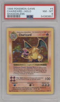Charizard from the 1999 Pokemon set graded by PSA and given an overall grade of 8.